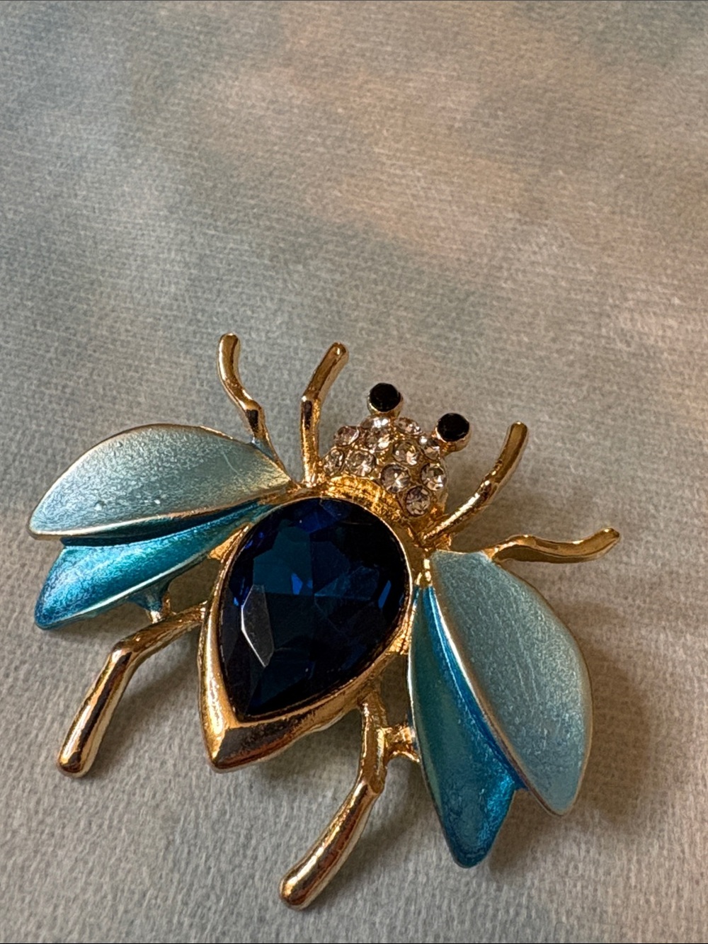Blue Crystal Bee Brooch - Gold Tone